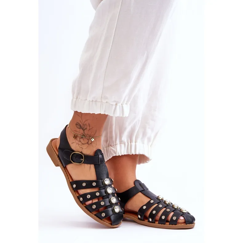 Women's Flat Sandals With Zircons Black Ascot