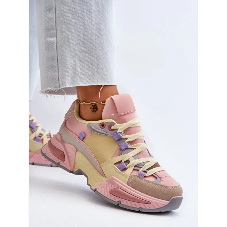 Women's Sneakers With a Thick Sole, Pink and Yellow Peonema