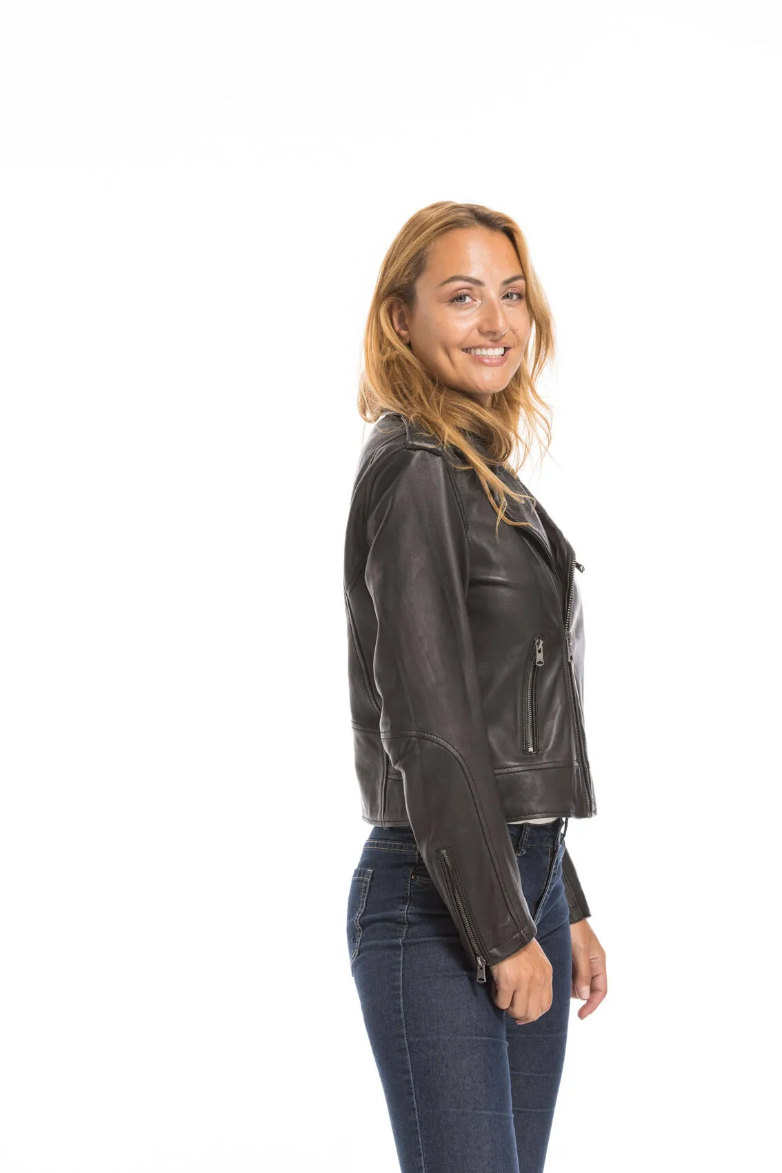 Women's black oakwood biker style leather jacket 64299