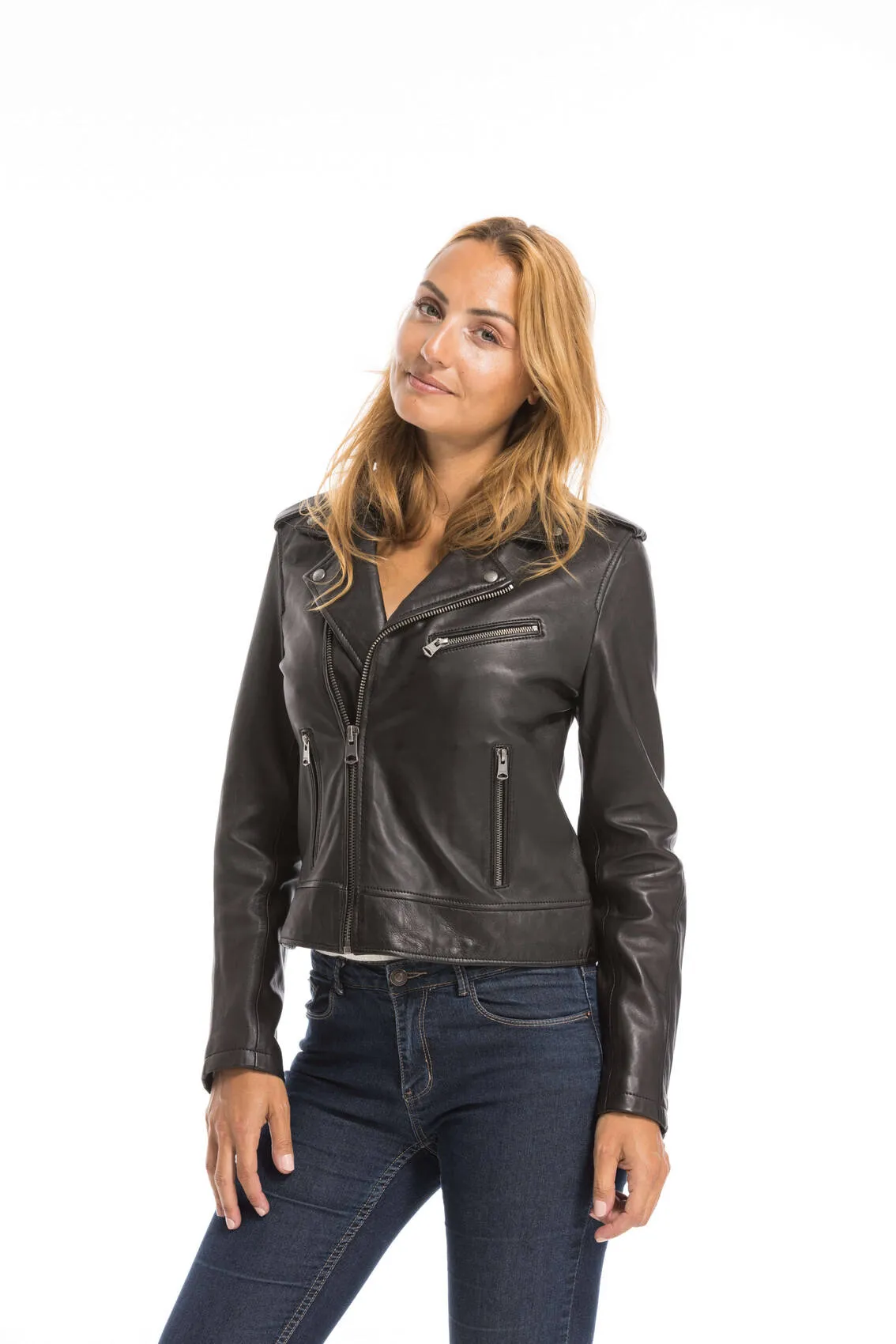 Women's black oakwood biker style leather jacket 64299