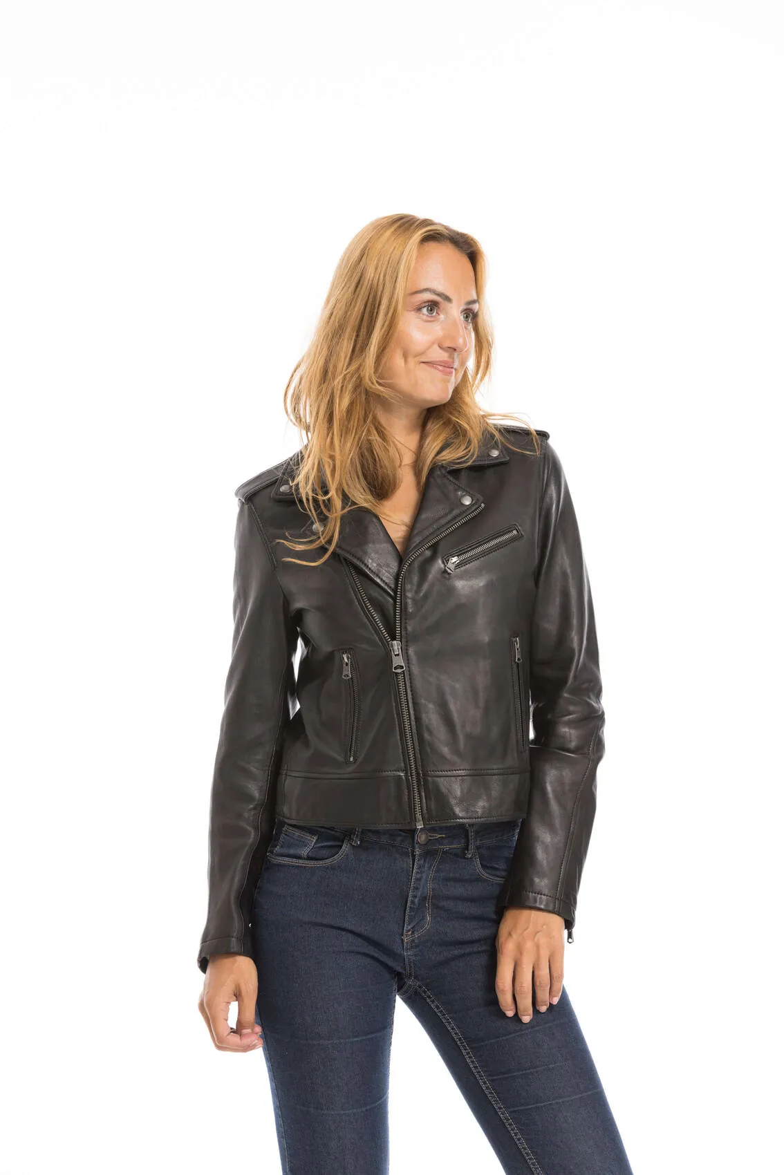 Women's black oakwood biker style leather jacket 64299