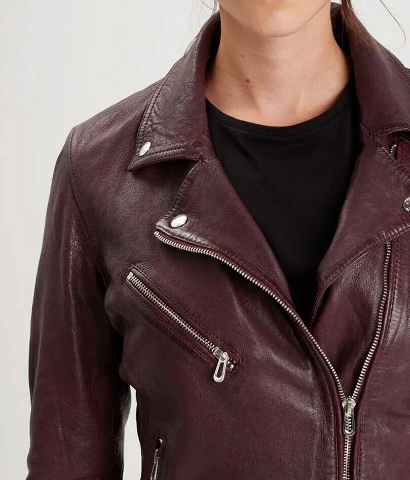 Women's burgundy olympe biker style leather jacket