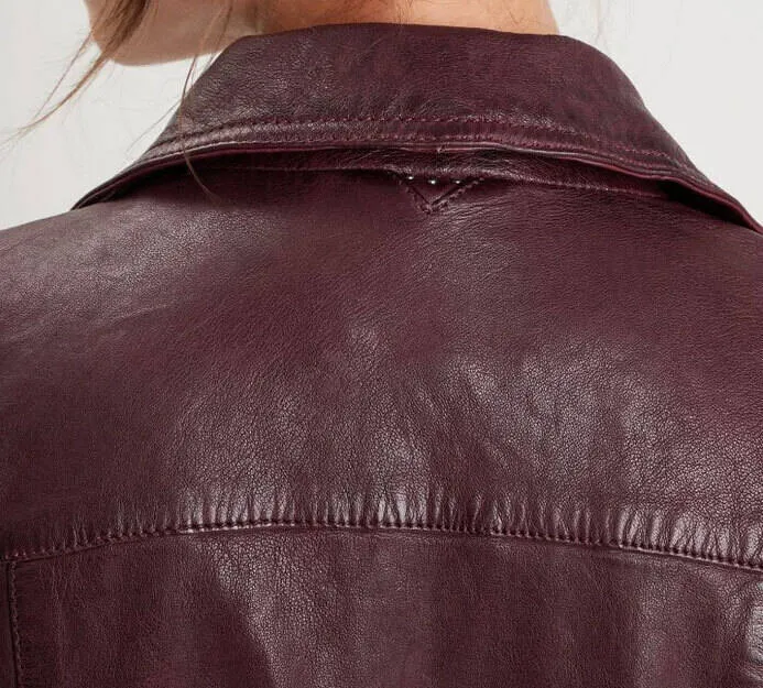 Women's burgundy olympe biker style leather jacket