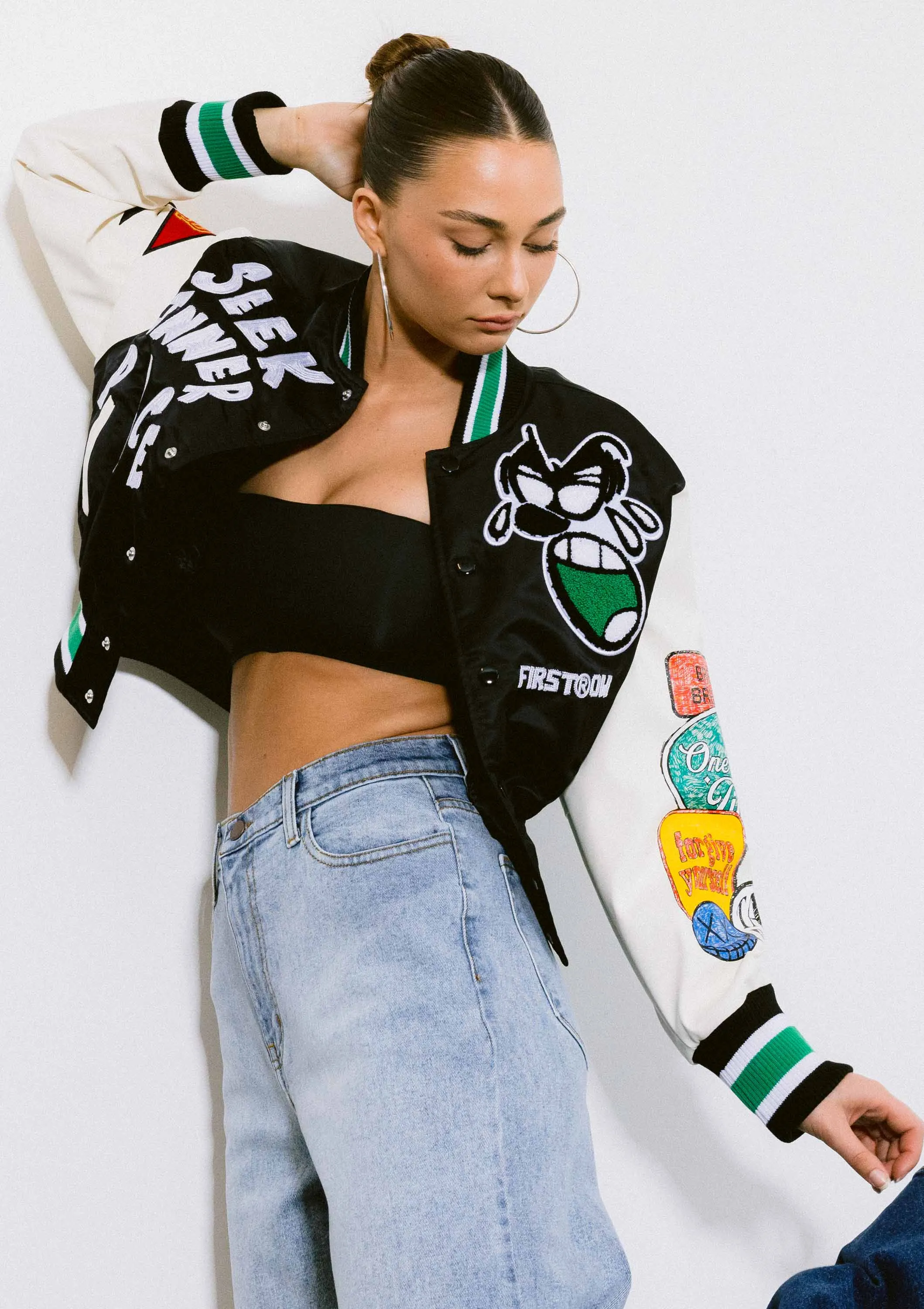 Women's First Row Spring Break Cropped Varsity Jacket Black