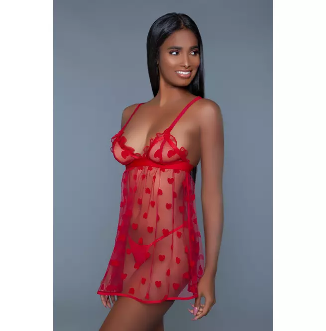Women's Heart Pattern Mesh Babydoll Sleepwear Set With Thong