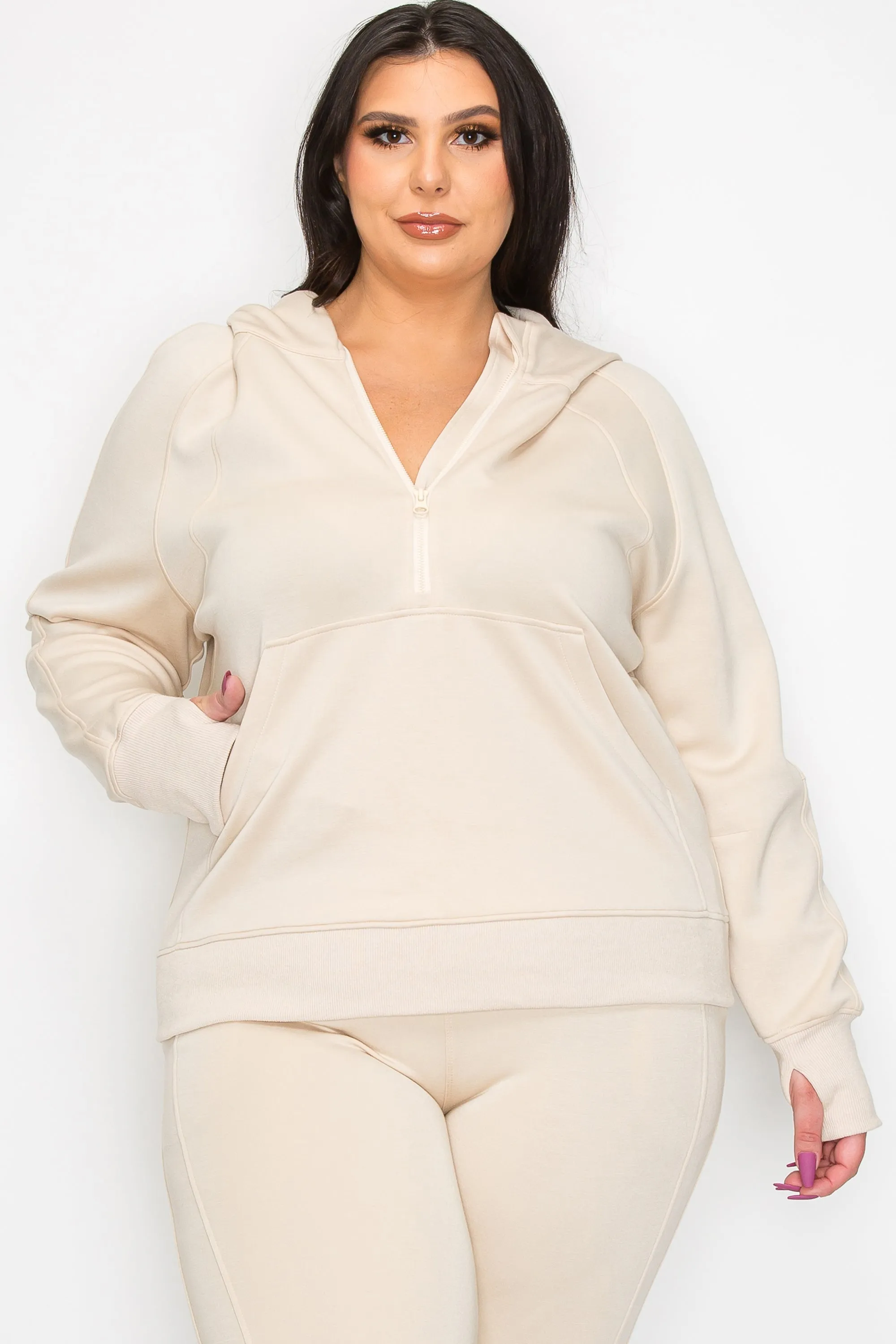 Women's Plus Size Half-Zip Scuba Hoodie with Thumb Hole