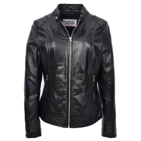 Womens Real Leather Biker Jacket Zip up Casual Connie Black