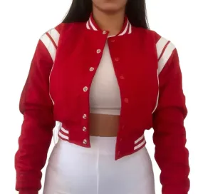 Women's Red Teddy Varsity Bomber Crop Jacket