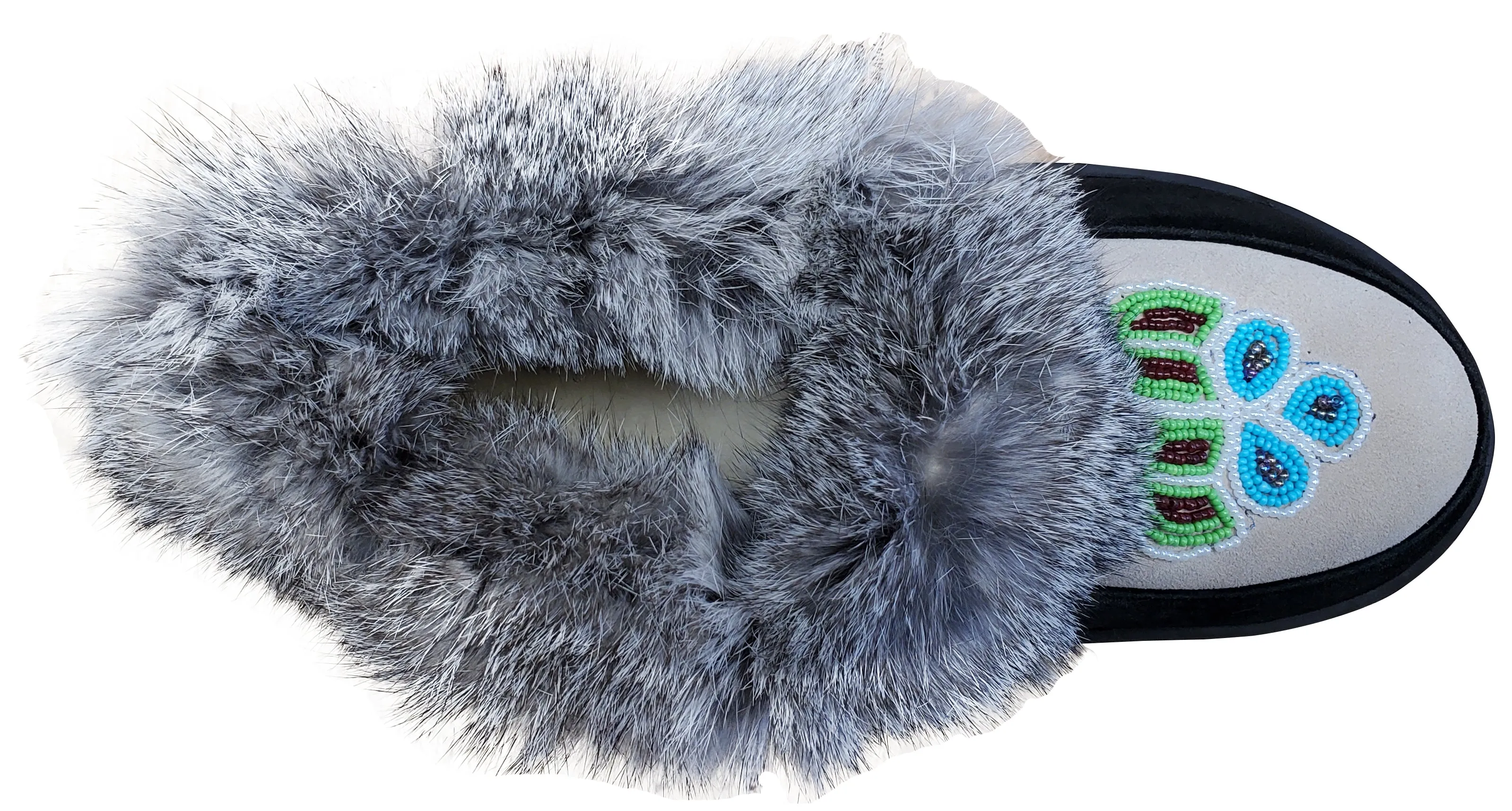 Women's Suede Slipper, lined, rubber, Chinchilla Rabbit, Black