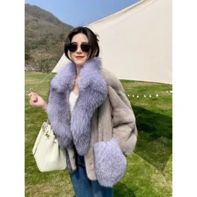 Women's Winter Natural Real Mink Fox Fur Collar Warm Short Jackets