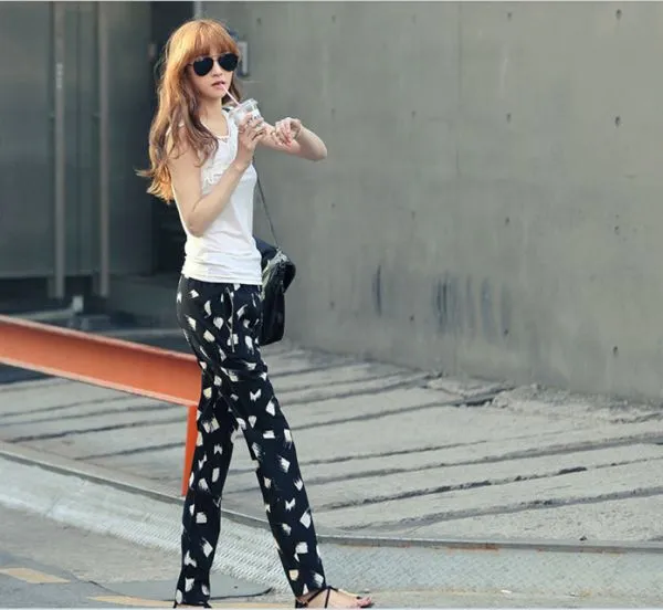 Women's Chiffon Summer Pants Trousers with White Squares Print