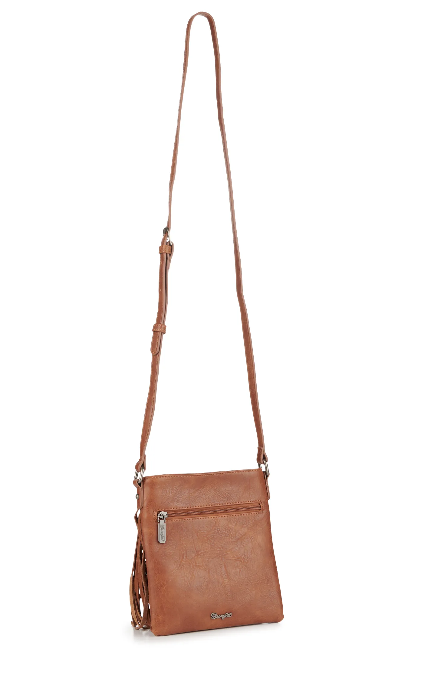 Wrangler Caramel Leather & Denim with Fringe "W" Pocket Crossbody Purse