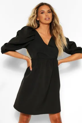 Wrap Puff Sleeve Skater Dress