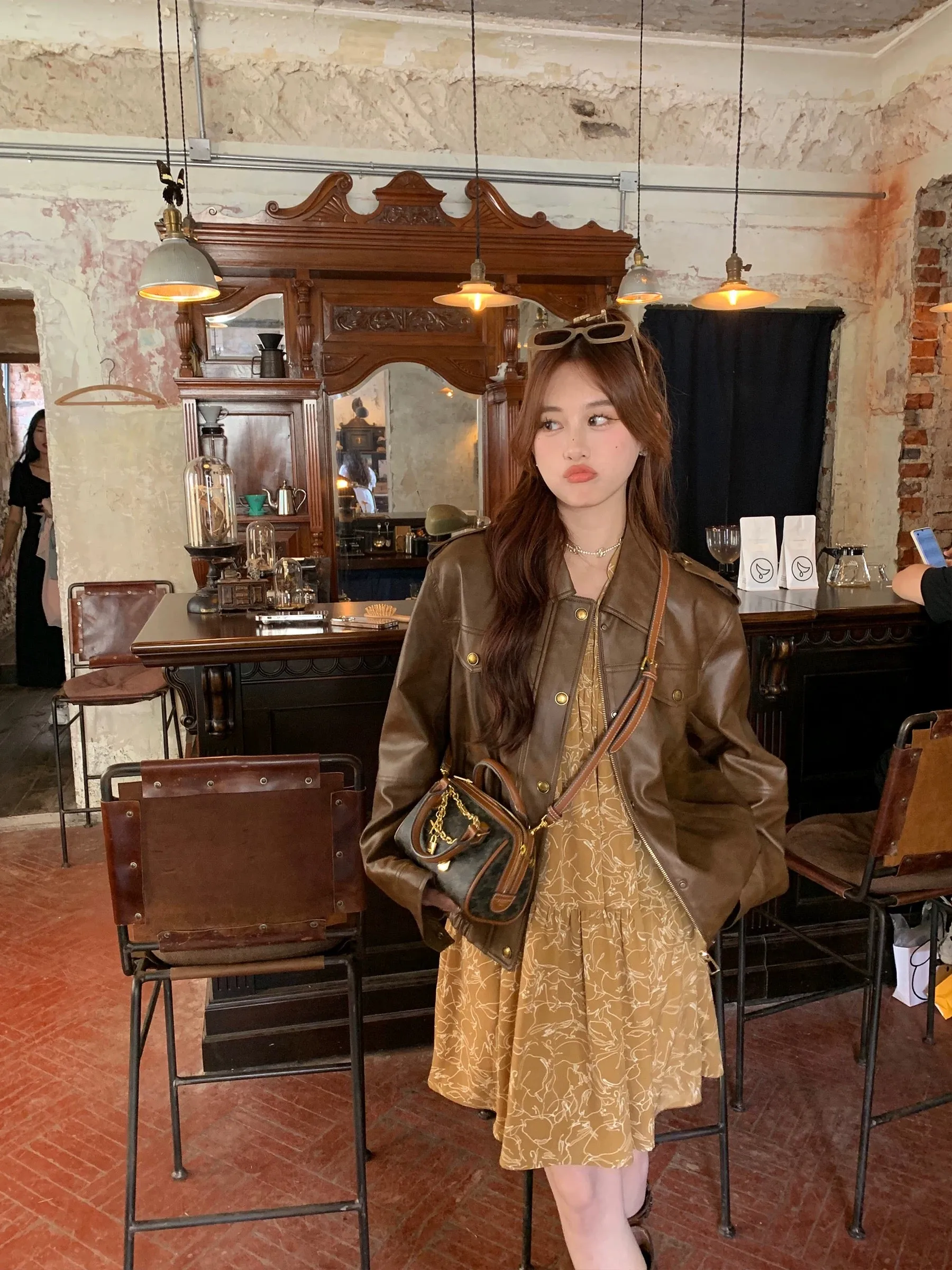 Xia Tianjia 2024 early autumn imitation sheepskin retro coffee color PU leather jacket women's spring and autumn leather jacket