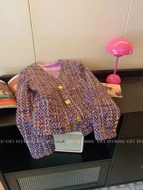 Xiaoxiangfeng purple heavy industry sequined V-neck jacket women's autumn and winter 2023 new high-end lady style temperament to