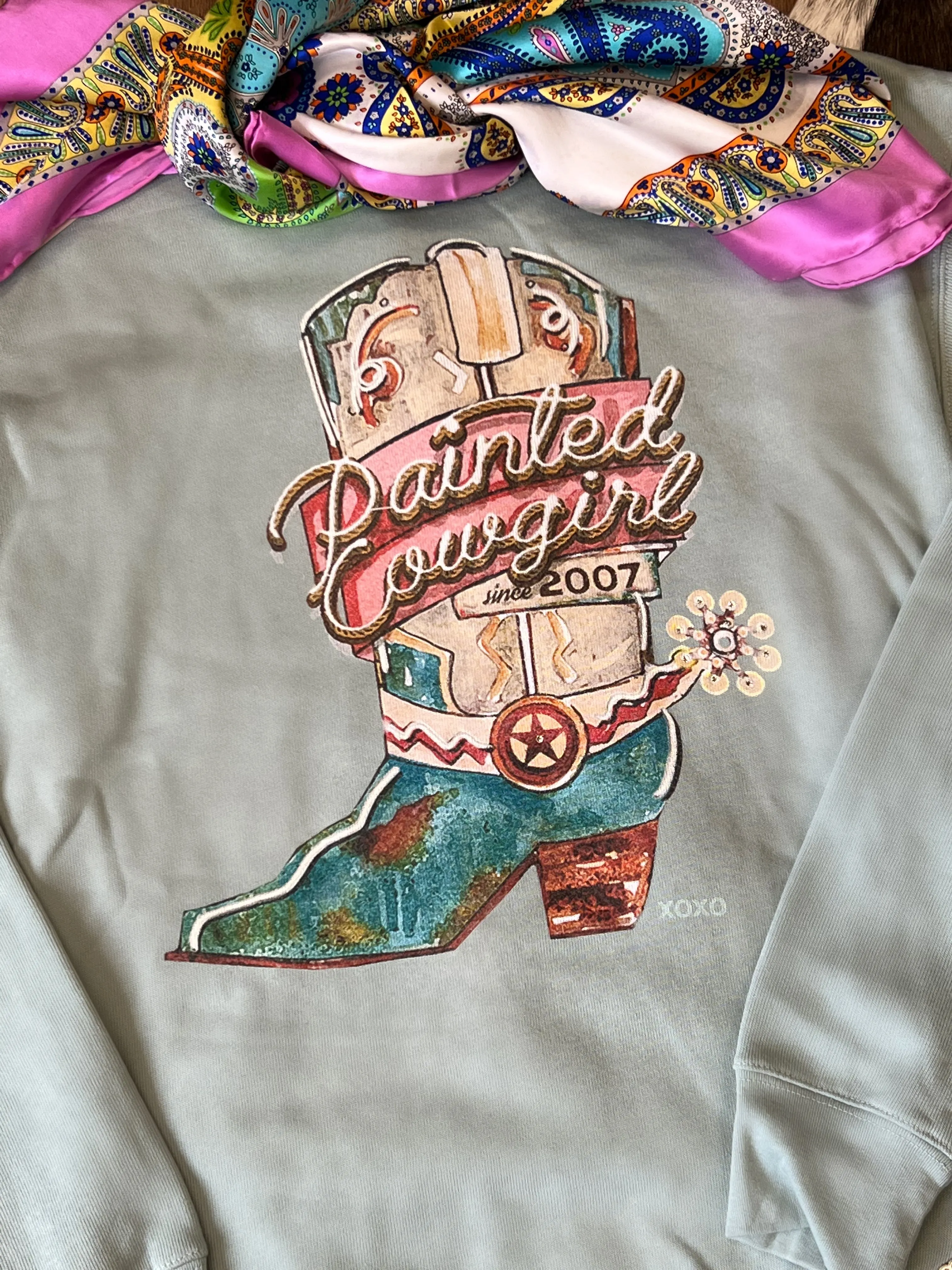 XOXO Painted Cowgirl Boot Dusty Mint Sweatshirt