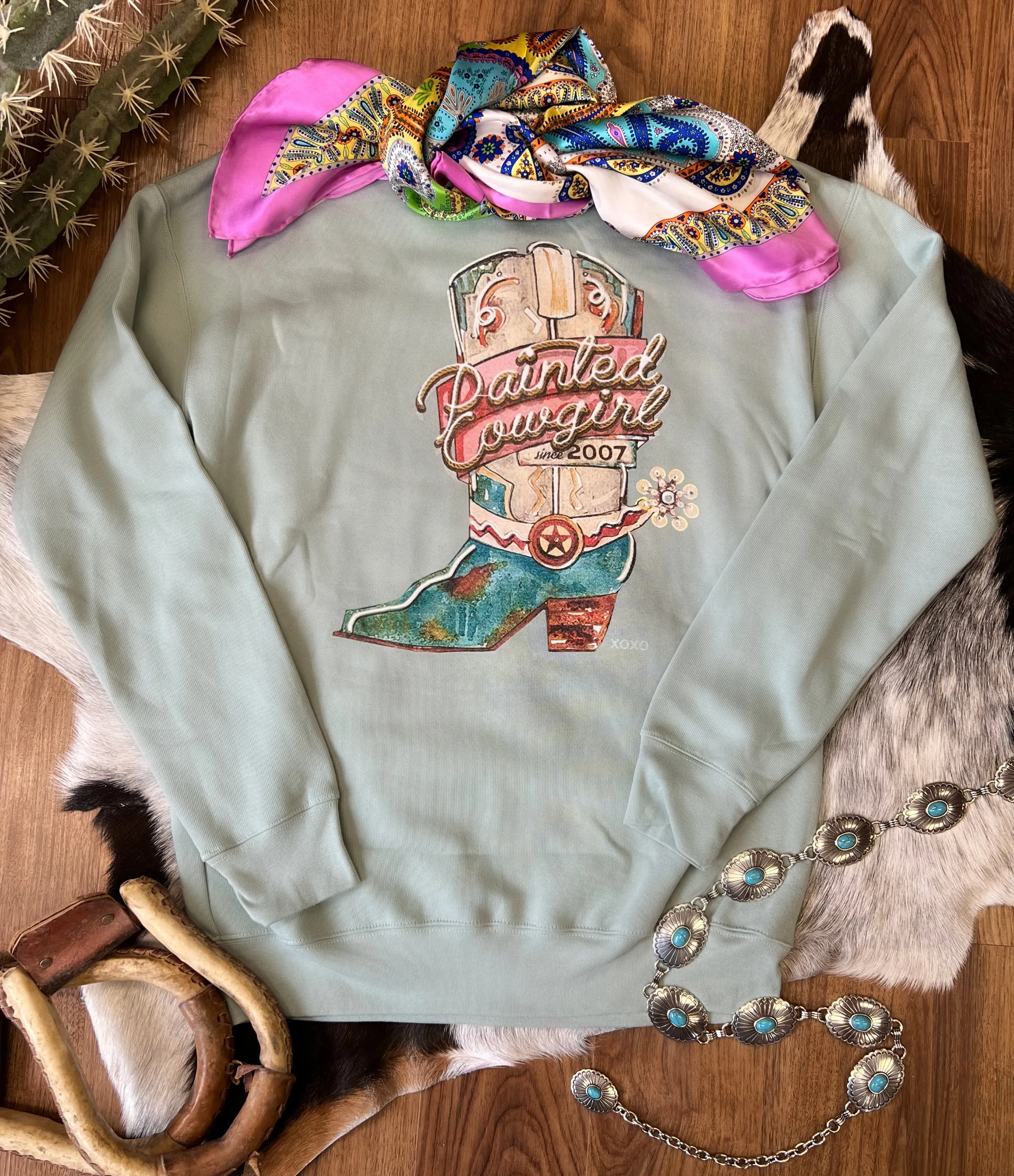 XOXO Painted Cowgirl Boot Dusty Mint Sweatshirt