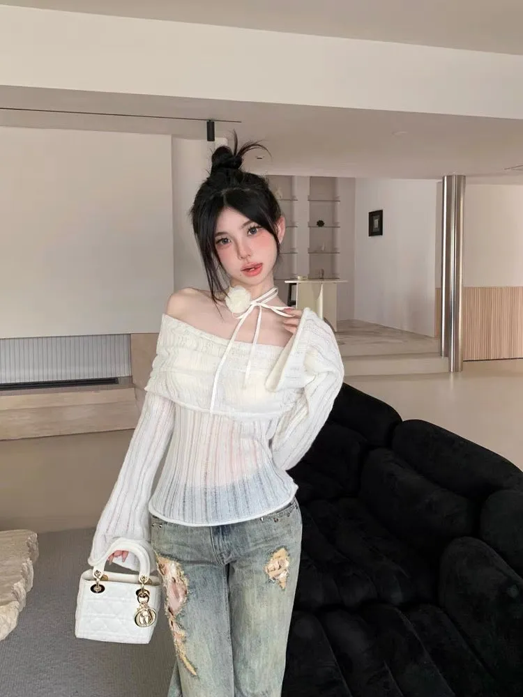 Yatoujia's trendy women's clothing~pure lust hazy pullover sweater for women autumn three-dimensional flower one-shoulder sweate