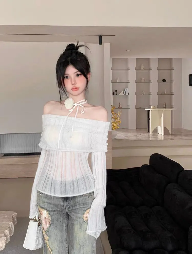Yatoujia's trendy women's clothing~pure lust hazy pullover sweater for women autumn three-dimensional flower one-shoulder sweate