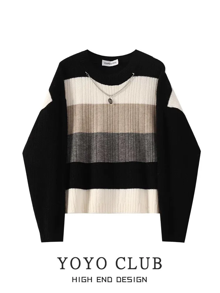 YOYO CLUB large size retro contrast striped sweater lazy style autumn and winter new slim pullover sweater for women