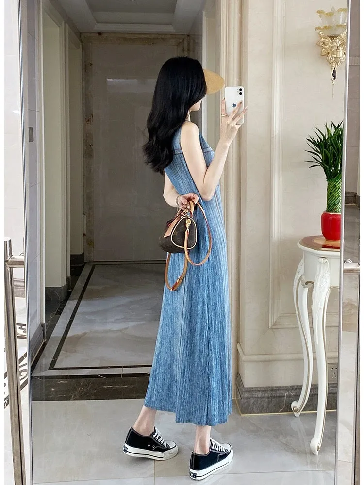 Yuan Sijie Miyake style pleated dress denim retro straight long skirt plus size women's slim vest dress summer