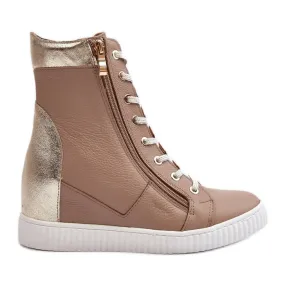 Zazoo 3081 Women's Leather Wedge Sneakers, Beige